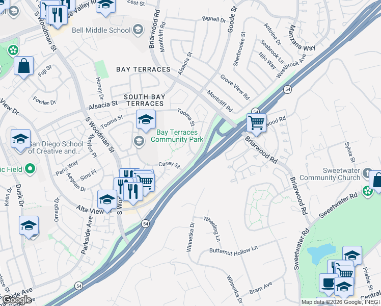 map of restaurants, bars, coffee shops, grocery stores, and more near 7431 Tooma Street in San Diego