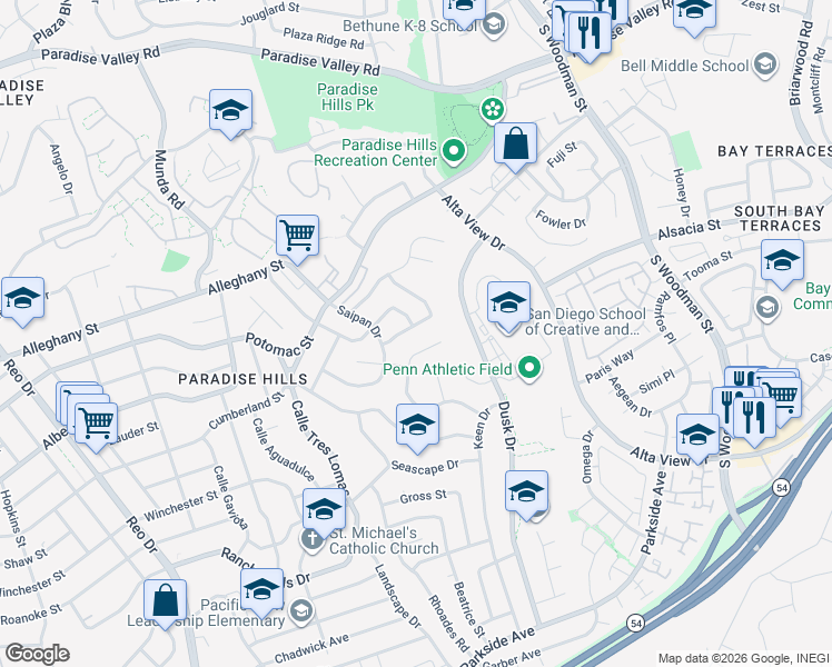 map of restaurants, bars, coffee shops, grocery stores, and more near 2472 Calle Tortuosa in San Diego
