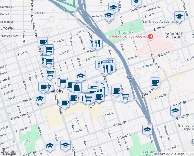 map of restaurants, bars, coffee shops, grocery stores, and more near 1419 East 8th Street in National City