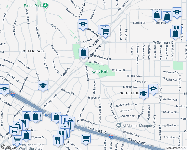 map of restaurants, bars, coffee shops, grocery stores, and more near 4640 South Ridge Terrace in Fort Worth