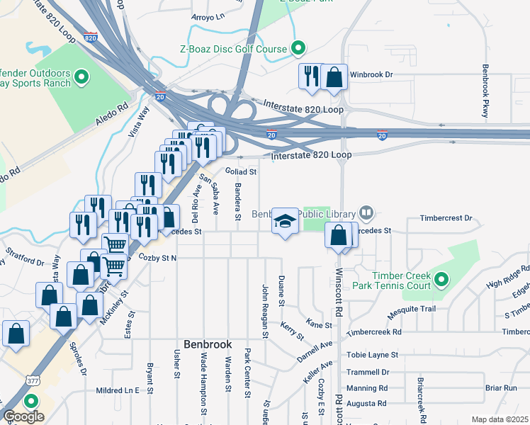 map of restaurants, bars, coffee shops, grocery stores, and more near 213 San Angelo Avenue in Benbrook