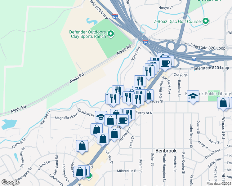 map of restaurants, bars, coffee shops, grocery stores, and more near 301 Mercedes Street in Benbrook