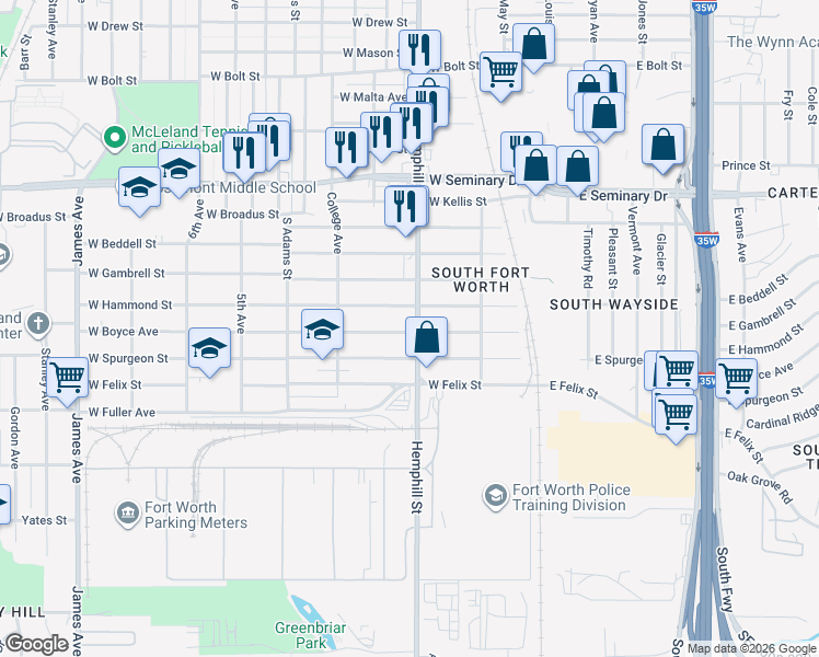 map of restaurants, bars, coffee shops, grocery stores, and more near 4550 Hemphill Street in Fort Worth