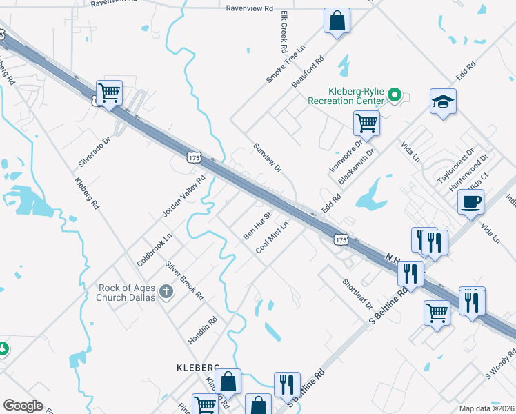 map of restaurants, bars, coffee shops, grocery stores, and more near 12540 C F Hawn Freeway in Dallas