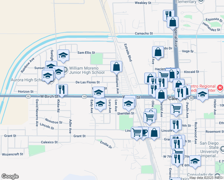 map of restaurants, bars, coffee shops, grocery stores, and more near 513 West Canal Street in Calexico