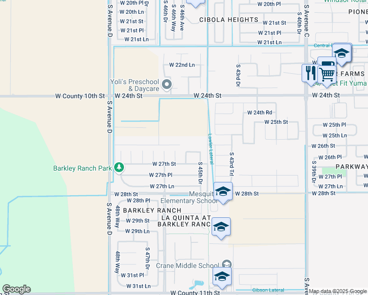 map of restaurants, bars, coffee shops, grocery stores, and more near 4592 West 26th Place in Yuma
