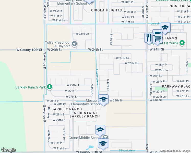 map of restaurants, bars, coffee shops, grocery stores, and more near South 45th Avenue in Yuma