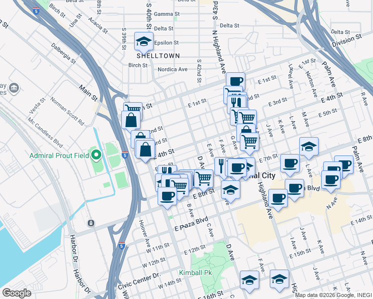 map of restaurants, bars, coffee shops, grocery stores, and more near 304 East 4th Street in National City