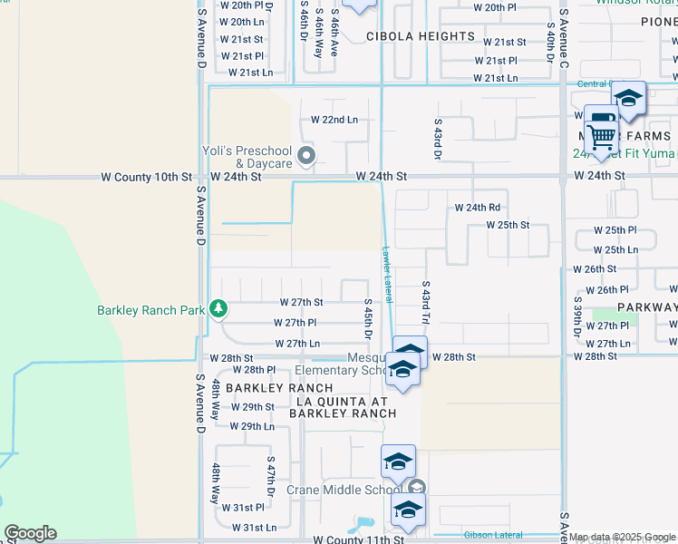 map of restaurants, bars, coffee shops, grocery stores, and more near 4592 West 26th Place in Yuma