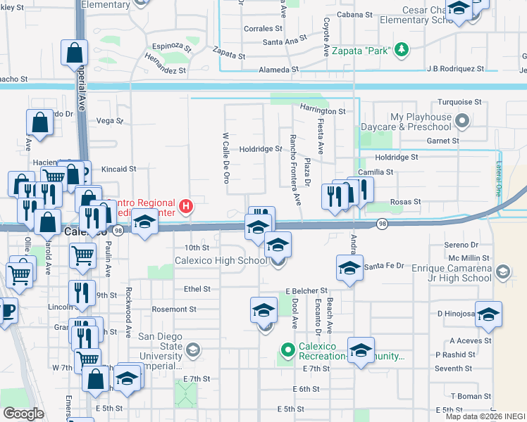 map of restaurants, bars, coffee shops, grocery stores, and more near 1100 Avenida De Oro in Calexico