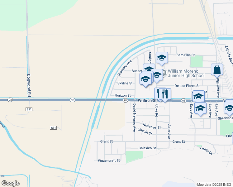 map of restaurants, bars, coffee shops, grocery stores, and more near 1037 Desert View Street in Calexico