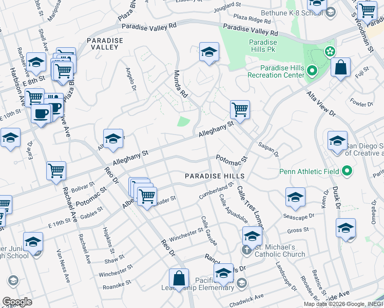 map of restaurants, bars, coffee shops, grocery stores, and more near 6152 Roberts Drive in San Diego