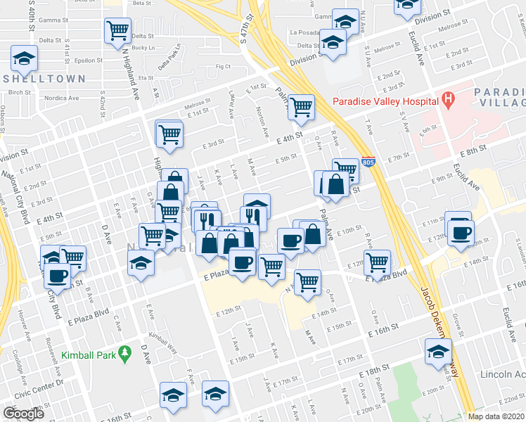 map of restaurants, bars, coffee shops, grocery stores, and more near 618-40 M Avenue in National City