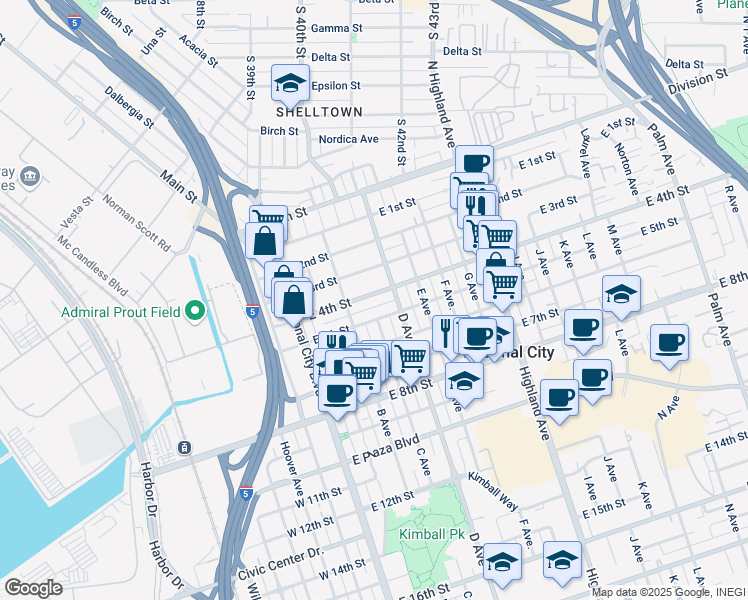 map of restaurants, bars, coffee shops, grocery stores, and more near 309 East 4th Street in National City