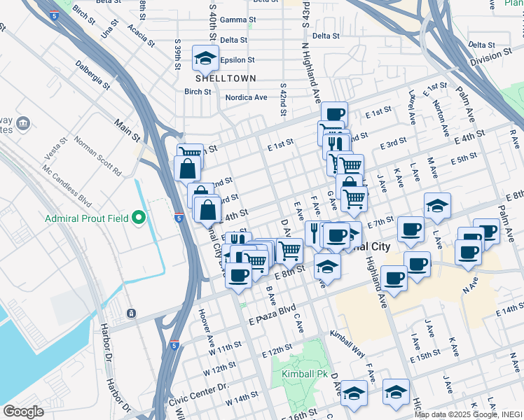 map of restaurants, bars, coffee shops, grocery stores, and more near 309 East 4th Street in National City
