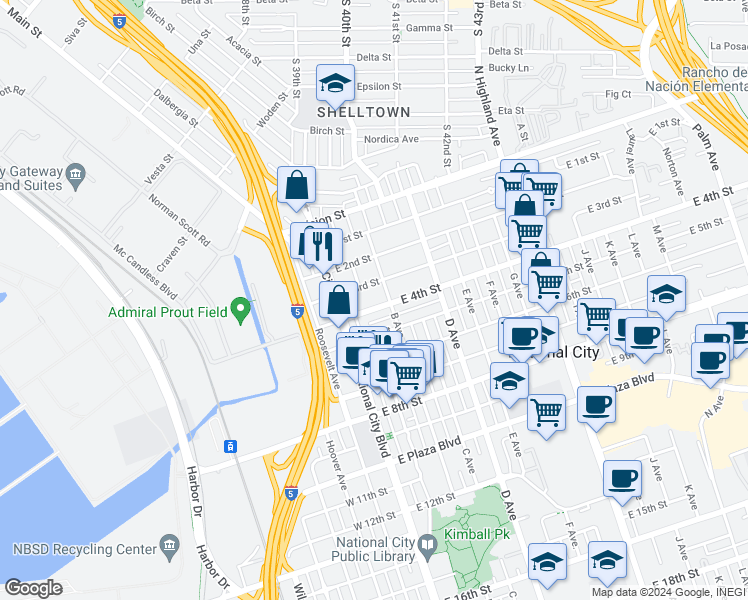 map of restaurants, bars, coffee shops, grocery stores, and more near 314 B Avenue in National City