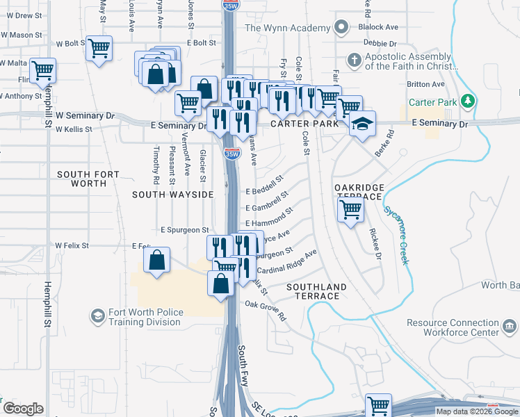 map of restaurants, bars, coffee shops, grocery stores, and more near 4609 Evans Avenue in Fort Worth