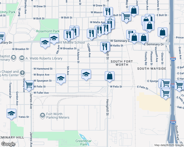 map of restaurants, bars, coffee shops, grocery stores, and more near 1001 West Hammond Street in Fort Worth