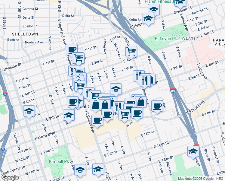 map of restaurants, bars, coffee shops, grocery stores, and more near 618-40 M Avenue in National City