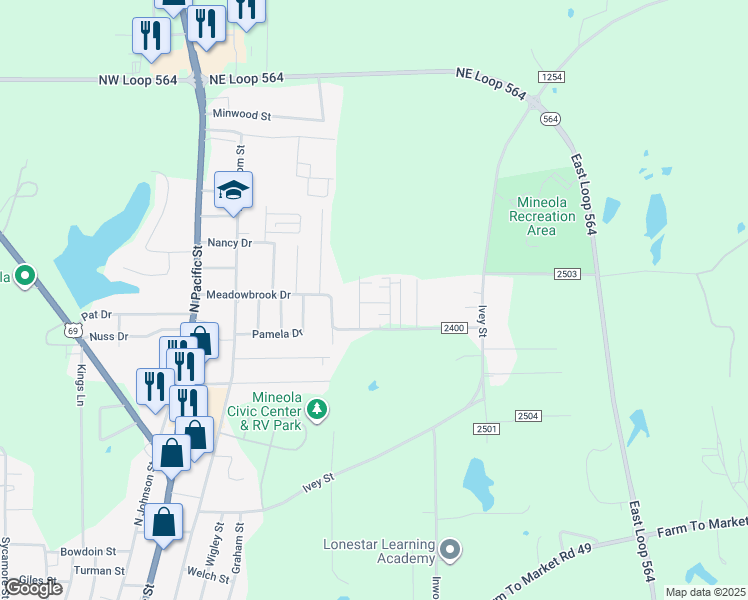 map of restaurants, bars, coffee shops, grocery stores, and more near 1523 Brenda Lane in Mineola