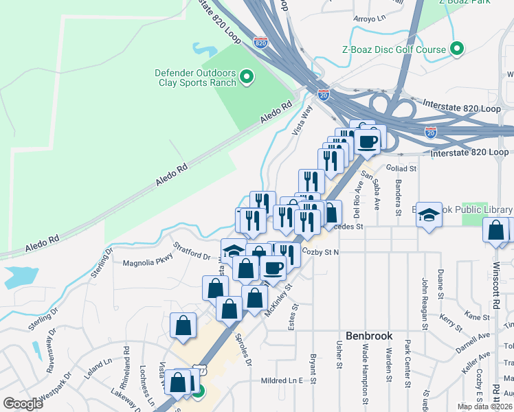 map of restaurants, bars, coffee shops, grocery stores, and more near 301 Mercedes Street in Benbrook