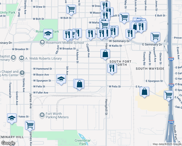 map of restaurants, bars, coffee shops, grocery stores, and more near 1001 West Hammond Street in Fort Worth