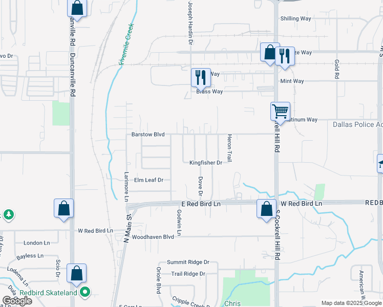 map of restaurants, bars, coffee shops, grocery stores, and more near 5319 Cockatiel Lane in Dallas