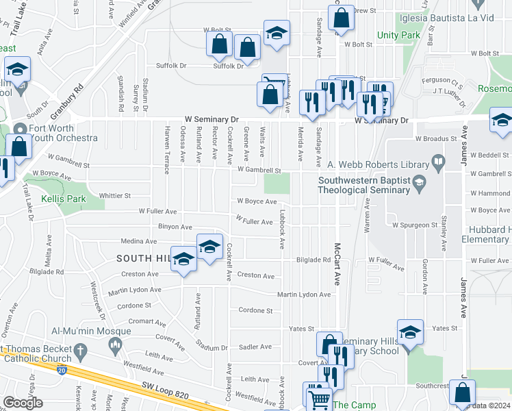 map of restaurants, bars, coffee shops, grocery stores, and more near 2809 West Boyce Avenue in Fort Worth