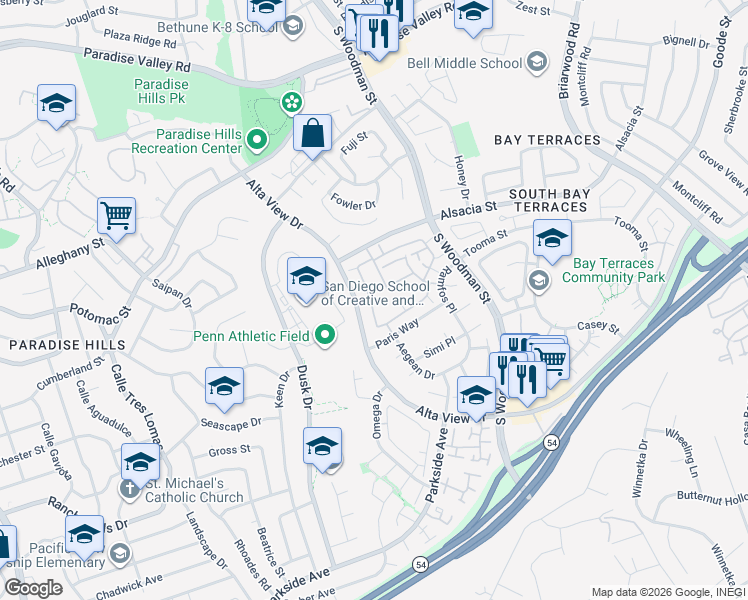 map of restaurants, bars, coffee shops, grocery stores, and more near 6872 Ritva Place in San Diego