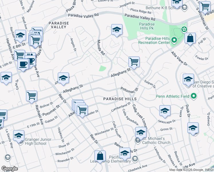 map of restaurants, bars, coffee shops, grocery stores, and more near 6152 Roberts Drive in San Diego