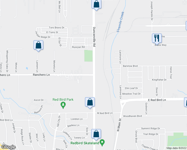 map of restaurants, bars, coffee shops, grocery stores, and more near Duncanville Road in Dallas