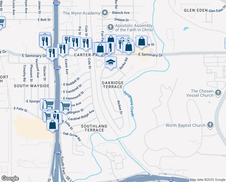 map of restaurants, bars, coffee shops, grocery stores, and more near 4600a Rickee Drive in Fort Worth