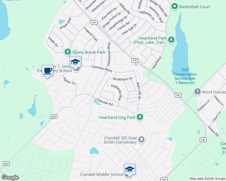 map of restaurants, bars, coffee shops, grocery stores, and more near 4127 Gaillardia Way in Forney