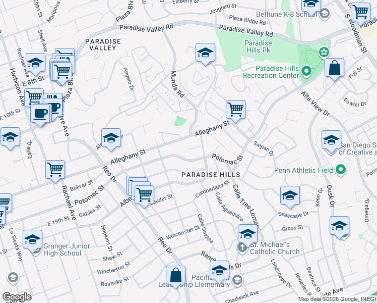 map of restaurants, bars, coffee shops, grocery stores, and more near 6152 Roberts Drive in San Diego