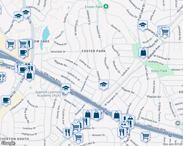 map of restaurants, bars, coffee shops, grocery stores, and more near 4601 Inverness Avenue in Fort Worth