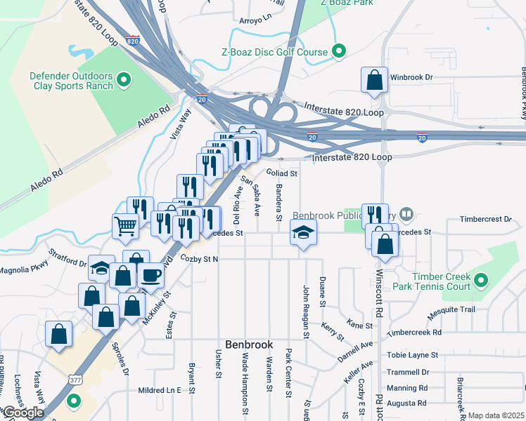 map of restaurants, bars, coffee shops, grocery stores, and more near 117 San Saba Avenue in Benbrook