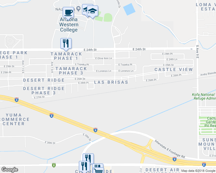 map of restaurants, bars, coffee shops, grocery stores, and more near 2690 South Gardenia Avenue in Yuma
