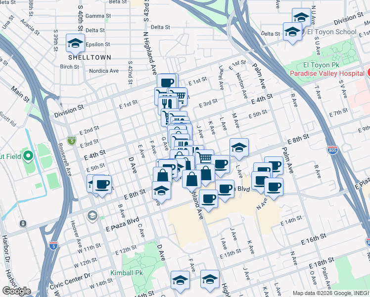 map of restaurants, bars, coffee shops, grocery stores, and more near 510 I Avenue in National City