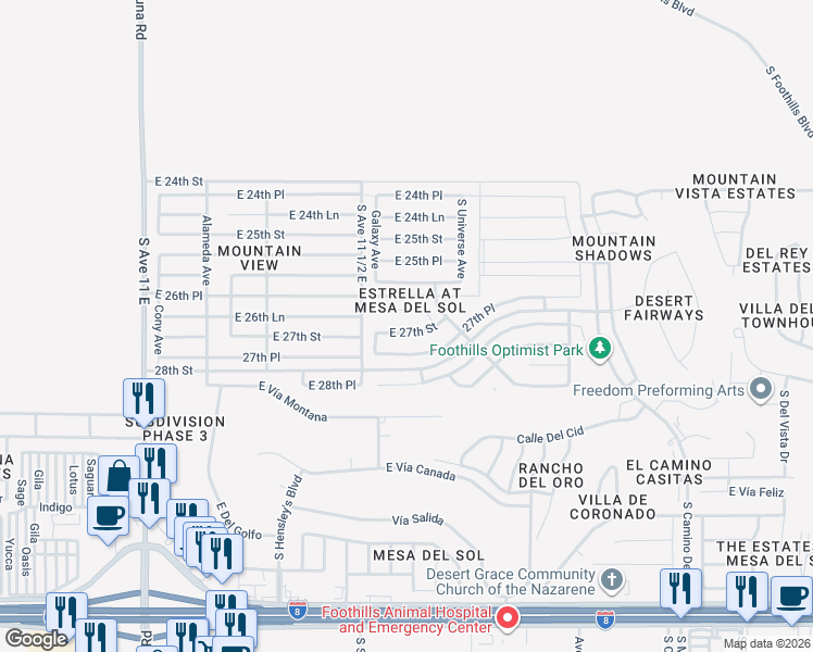map of restaurants, bars, coffee shops, grocery stores, and more near 11599 East 26th Lane in Yuma
