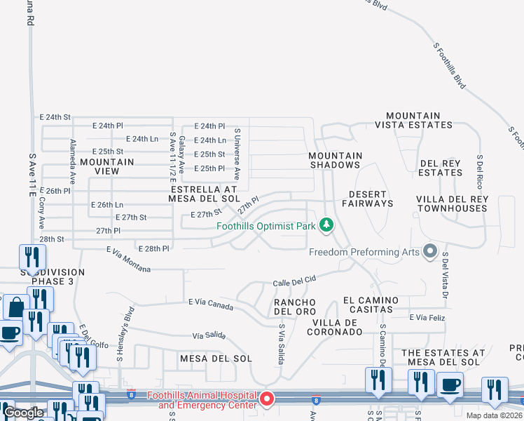 map of restaurants, bars, coffee shops, grocery stores, and more near 11760 East 28th Place in Yuma