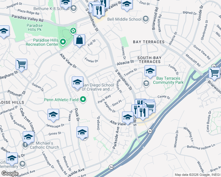 map of restaurants, bars, coffee shops, grocery stores, and more near 6880 Bear River Row in San Diego