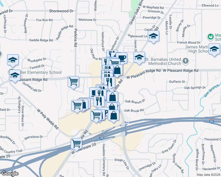 map of restaurants, bars, coffee shops, grocery stores, and more near 4201 West Green Oaks Boulevard in Arlington