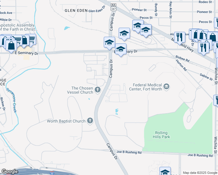 map of restaurants, bars, coffee shops, grocery stores, and more near 4601 Campus Drive in Fort Worth