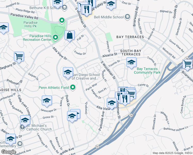 map of restaurants, bars, coffee shops, grocery stores, and more near 6890 Bear River Row in San Diego