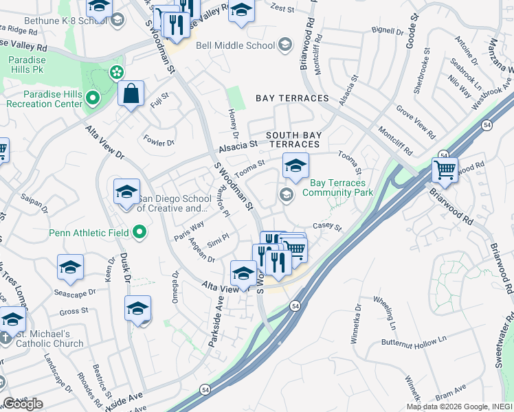 map of restaurants, bars, coffee shops, grocery stores, and more near 2620 Pennington Lane in San Diego
