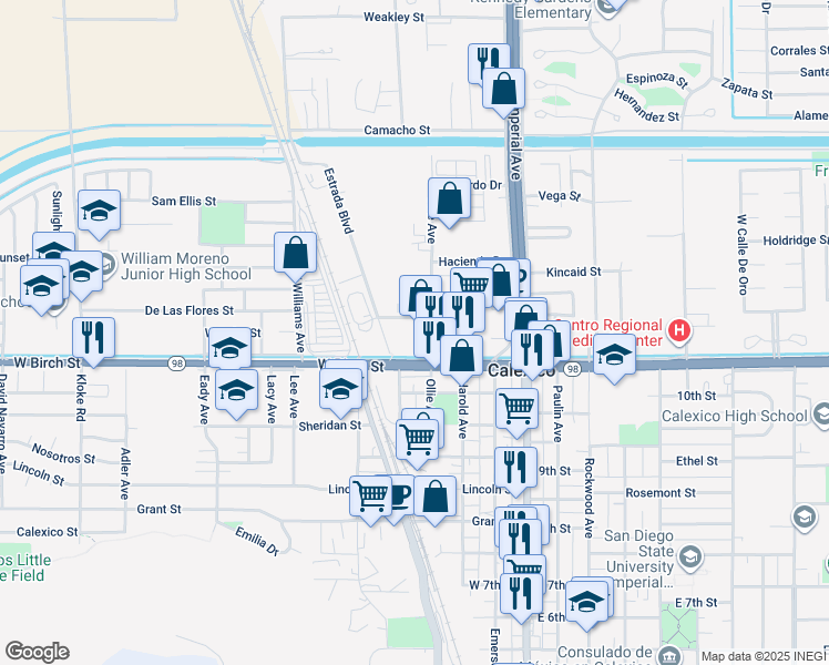 map of restaurants, bars, coffee shops, grocery stores, and more near 320 Arguelles Street in Calexico