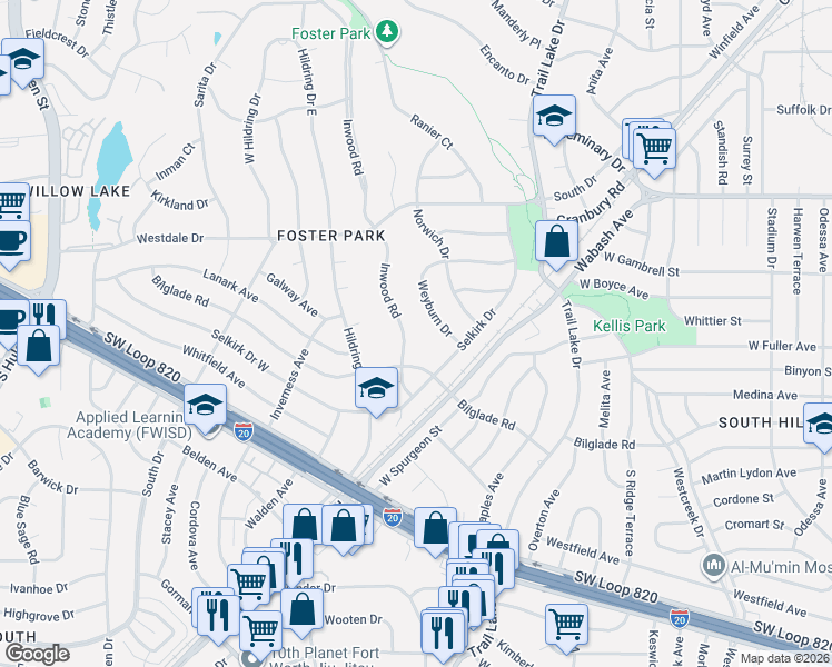 map of restaurants, bars, coffee shops, grocery stores, and more near 4609 Inwood Road in Fort Worth