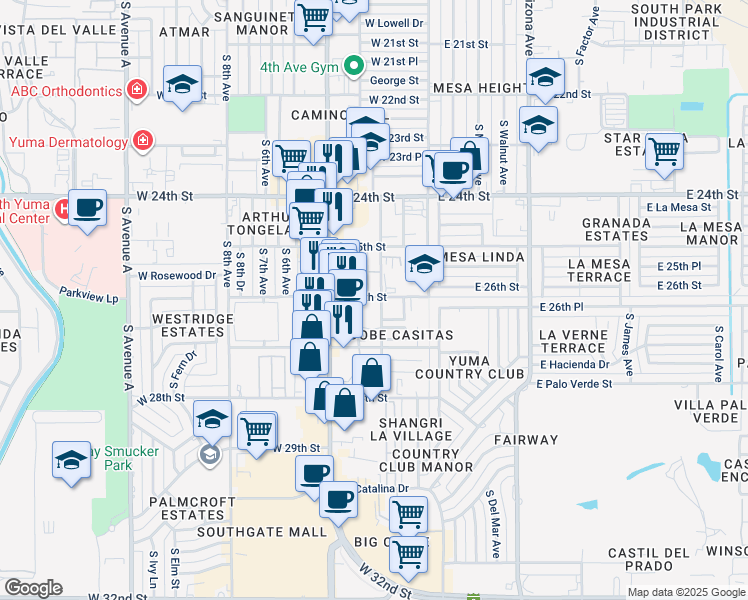 map of restaurants, bars, coffee shops, grocery stores, and more near 2550 South Virginia Drive in Yuma