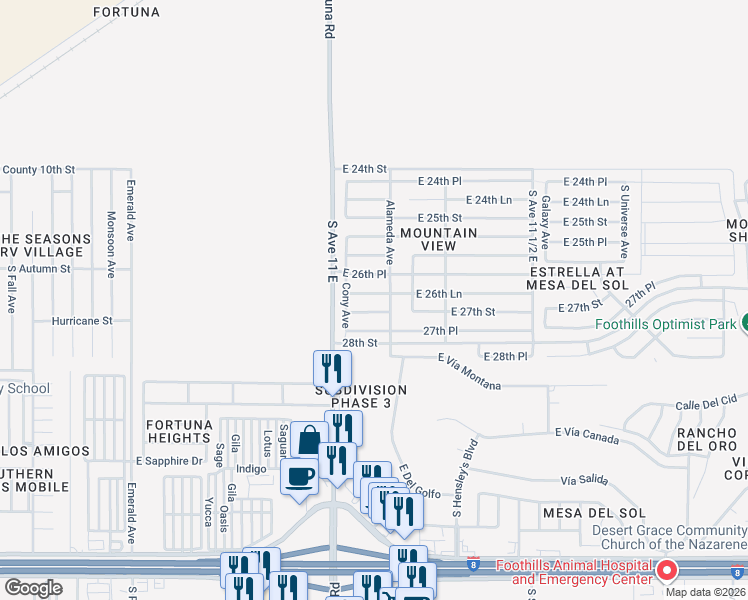 map of restaurants, bars, coffee shops, grocery stores, and more near 11176 East 26th Lane in Yuma