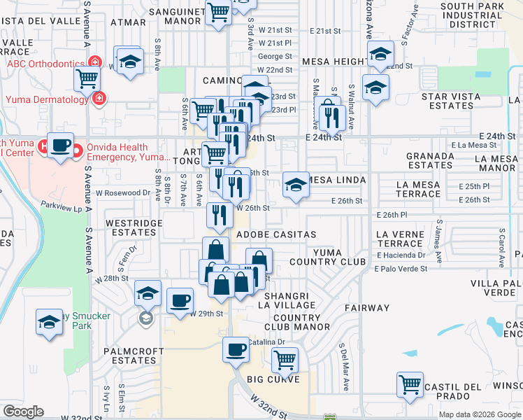 map of restaurants, bars, coffee shops, grocery stores, and more near 2550 South Virginia Drive in Yuma